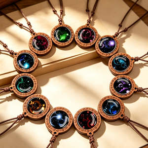 Collier Constellation Vintage Fait Main |   Pendentif en verre et bois avec 12 signes du zodiaque, chaîne en corde réglable, cadeau d'anniversaire unisexe - Product Image 1