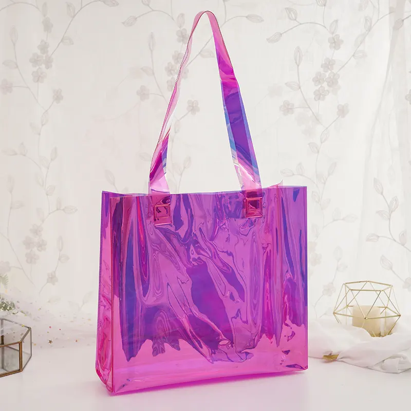 Custom Women Fashion Translucent Plastic Leather Clear pvc handbag Waterproof Transparent Tote Beach Bags Neon Shopping Bag