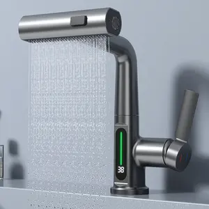 Multifuncional 360 graus girando torneira misturador torneira de água digital led temperatura exibição faucet banheiro puxe torneira da bacia