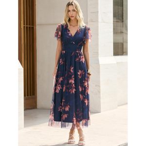 Vestido Maxi Floral para Mujer, Cuello en V, Manga Corta, Corte en A, Chifón Transparente, Cintura Imperio, para Vacaciones, Playa, Invitada de Boda, Fiesta - Product Image 4