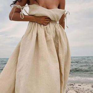 Robe mi-longue en coton et lin pour femme, élégante, avec lacets, poches, coupe trapèze, taille naturelle, dos nu, sexy, plissée, pour l'été et les fêtes, collection 2026 - Product Image 1