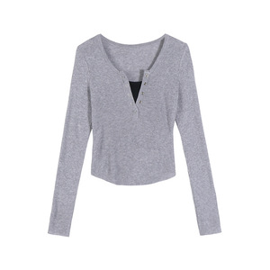 Top de punto para mujer, manga larga, color liso, con botones, corte ajustado, capa base de primavera, amarillo, blanco, gris, verde - Product Image 5