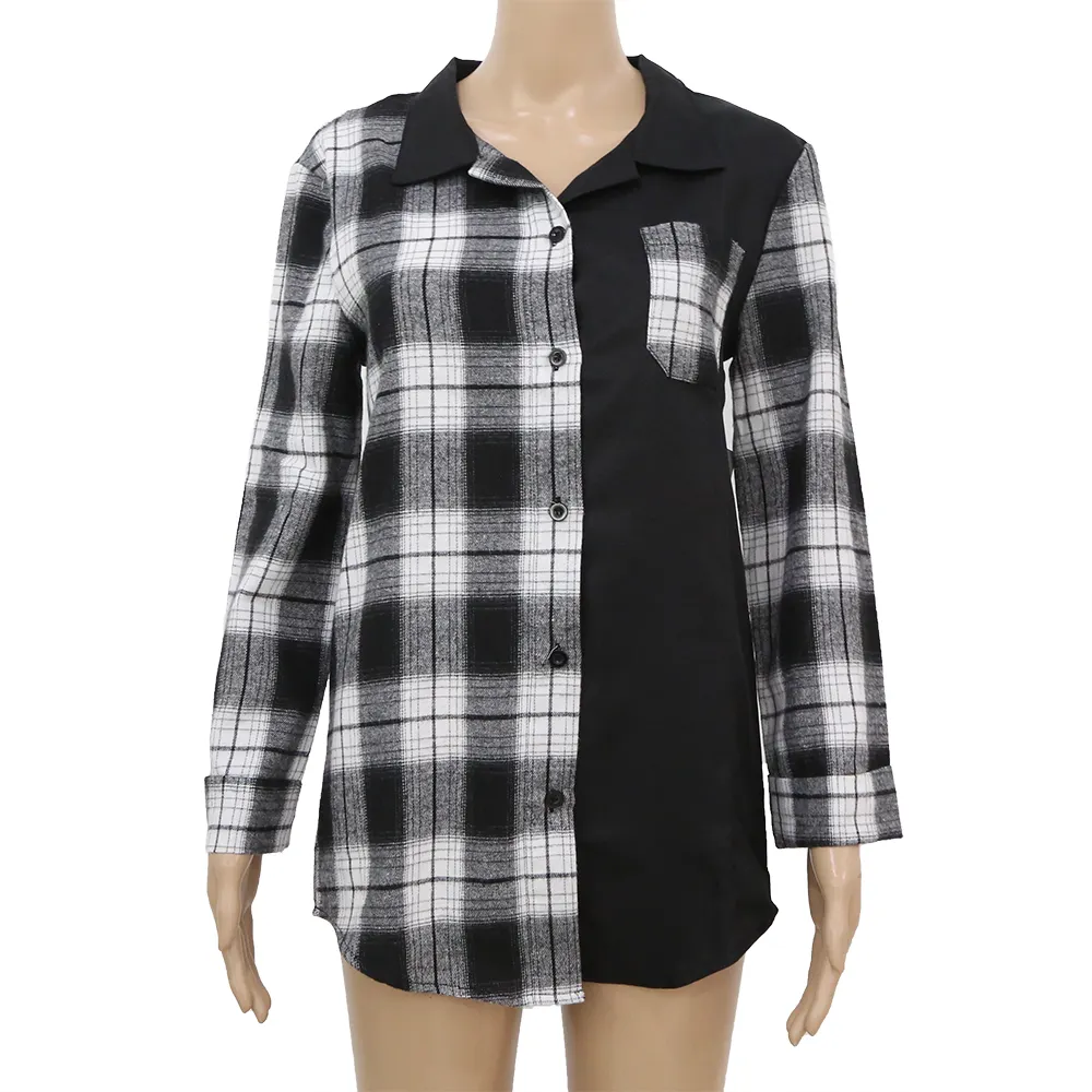 2023 Spring And Autumn Long Sleeve Black And White Patchwork Color Contrast Plaid Blouse Shirt Women