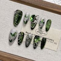 Faux ongles de luxe bleus papillon à presser, faits à la main, longs, pointus, en forme d'amande, couvrants, avec fleurs 3D et strass – Fournisseur