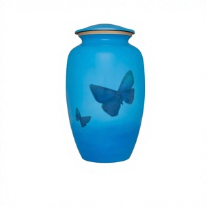 Sky Blue Funeral Urn with <b>Butterflies</b> Cremation Urn for Human Ashes - Hand Made in Aluminum Large Size Urn With Free Velvet Bag - Product Image 1