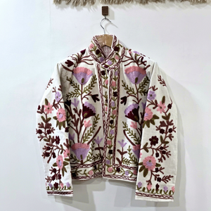 Veste en coton brodée de fleurs, col mandarin, manches longues, style Prairie Chic, faite à la main, pour femme, bleue - Product Image 1