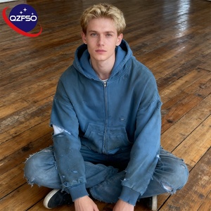 QZFSO Custom Acid Wash <b>Hoodie</b> Embroidery Distressed <b>Zip</b> up <b>Hoodie</b> Sweatshirt Vintage Wash Blank Cotton Sun Faded <b>Full</b>-<b>zip</b> <b>Hoodie</b> - Product Image 1