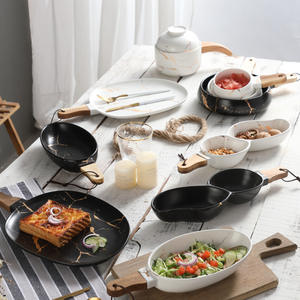 Pizza Steak en céramique marbrée Salade Assiette à pâtes Pain <span class=keywords><strong>aux</strong></span> fruits Sushi Dessert Plateau de service avec manche en <span class=keywords><strong>bois</strong></span> Vaisselle de <span class=keywords><strong>restaurant</strong></span> - Product Image 3