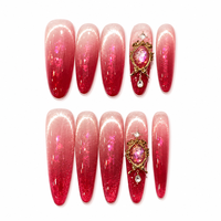 Ongles Press-On de Luxe Faits Main, Rouge Vin Dégradé, Effet Œil de Chat Magnétique, Cadre Doré Vintage, Breloques Pierres Précieuses, Réutilisables, Couverture Complète des Doigts