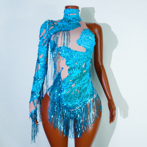 Combinaison sexy turquoise à franges de sequins, asymétrique à une manche, pour la danse Samba, la danse latine, les spectacles sur scène, les vidéos musicales, les costumes de Drag Queen - Product Image 2