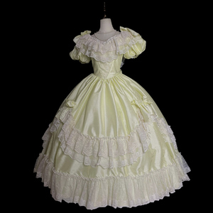 Robe de soirée de mariage vintage moderne, style princesse royale, en satin jaune, avec dentelle blanche, longueur au sol, col bateau, manches courtes, grand nœud - Product Image 1