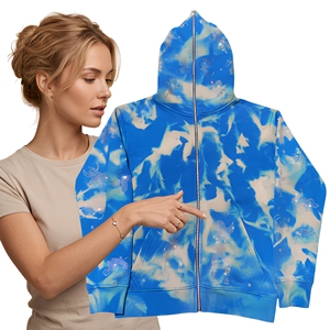 Unisex Blue Tie-Dye Hooded <b>Zipper</b> <b>Sweatshirt</b> Sublimation Print Casual Regular Fit Spring Knitted Polyester - Product Image 1