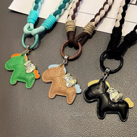 Dragonne de téléphone en corde torsadée en nylon color block, tendance, avec breloque de sac motif cheval, dragonne tressée, anneau détachable, porte-clés anti-perte motif poney