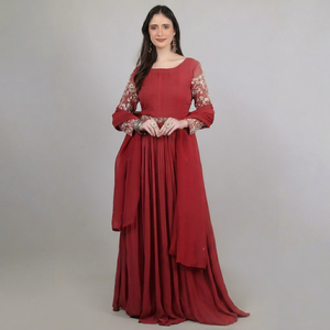 Elegante Vestido de Mujer de 1 Pieza con Dupatta Color Marrón con Cuentas, Lentejuelas y Perlas - Product Image 1