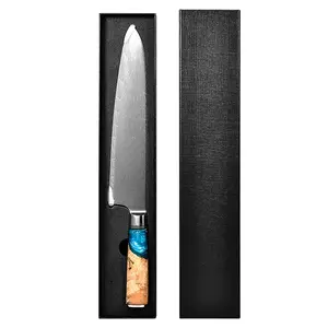 ANGELE Acier Damas VG10 Manche en bois résine bleu Set de 7 couteaux de chef de cuisine Pain de chef Couteaux Santoku