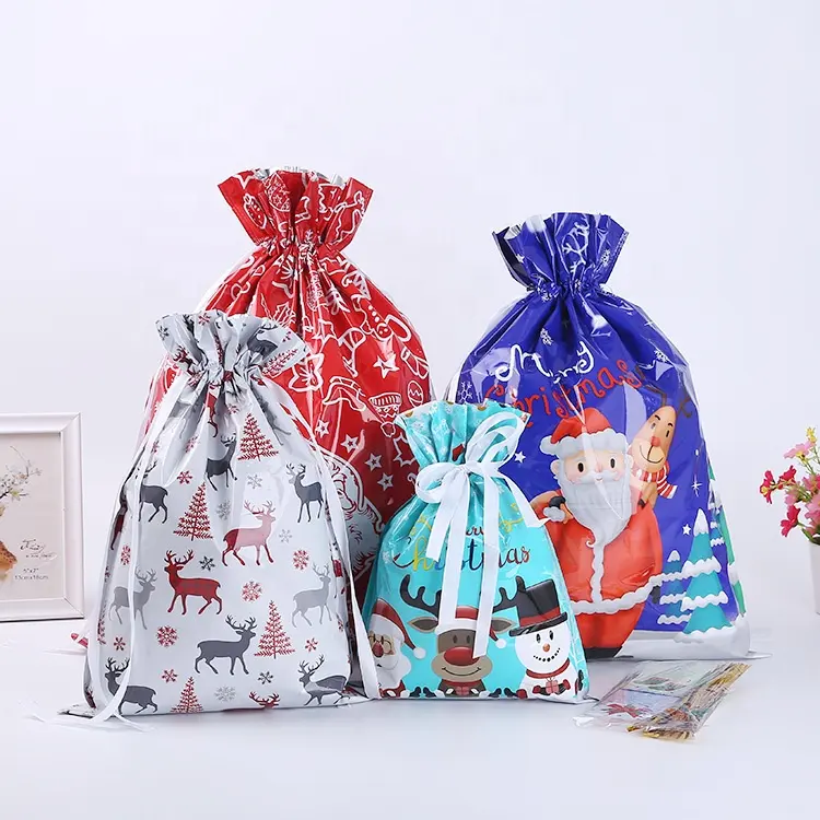 Custom Printed Logo Spot Gift Plastic Packaging Bags Large Wrapping Waterproof Goody string Bags Christmas gift bag