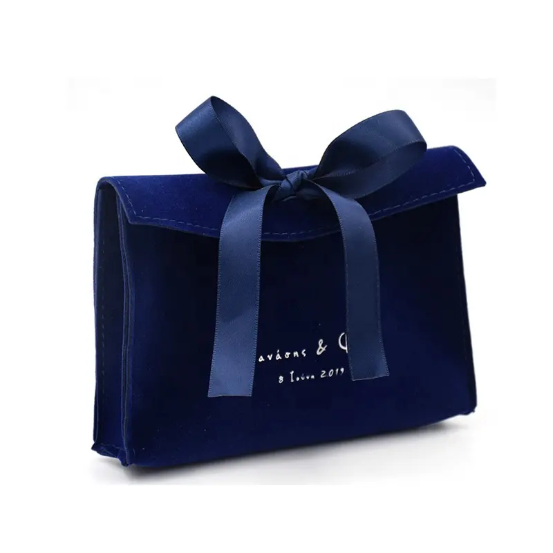 Bolsa con solapa de sobre pequeña impresa con logotipo personalizado, collar de ante azul de lujo, bolsa de joyería con nudo de lazo