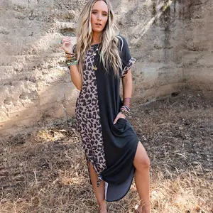 Großhandel Frauen Kontrast Solid Leopard Kurzarm T-Shirt Maxi kleid Mit Schlitzen