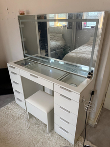 Factory Direct <b>Vanity</b> Desk Transparent Glass Top Makeup <b>Table</b> with 11 Drawers Power Outlet for Bedroom - Product Image 2