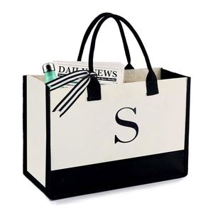 Bolsos de Mano de Lona Vintage en Blanco y Negro con Iniciales Bordadas, de Alta Calidad, para Compras, Playa, Vacaciones, Regalos, para Mujer - Product Image 1