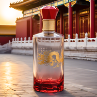Bouteilles de vin avec feuille imprimée en or Dragon chinois sur le corps de la bouteille transformée en bouteilles de vin en verre entièrement transparentes