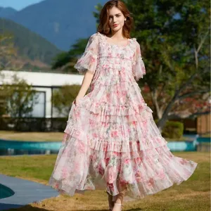2024 New Arrival Square Neck Printed Embroidery Sweet And Fresh Fairy Skirt Short-Sleeved Easter Prom Party Dress