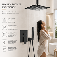 Système de douche de luxe noir mat, kit de douche carré à effet pluie avec douchette à main, robinet de douche en laiton encastré avec valve