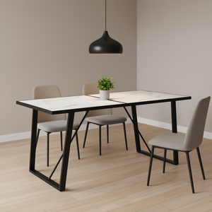 Tavolo da Pranzo Bianco con Motivo Marmorizzato, Struttura in Metallo Nero, Rettangolare, 4 Posti, Design Moderno e Minimalista, Arredamento per la Casa - Product Image 2