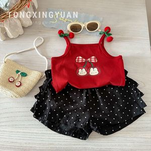 Tongxingyuan Girls Summer Sleeveless Top With Polka Dot Shorts Set Red Cherry Print Cotton Outfit For Kids - Product Image 1
