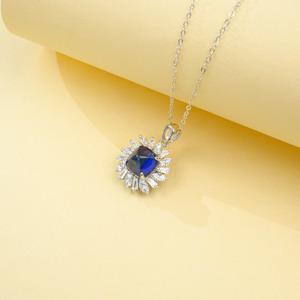 925 <b>Silver</b> Pillow shaped Sapphire Pendant with Sunflower Encircled Clavicular <b>Chain</b> - Product Image 3