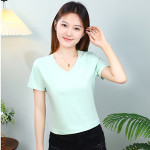 Custom logo 100% Mercerized Cotton Women's <b>Cropped</b> Tops Slim Fit <b>T</b> <b>Shirt</b> Tee Blanks 170gsm Short Sleeve Crop Tshirts - Product Image 5