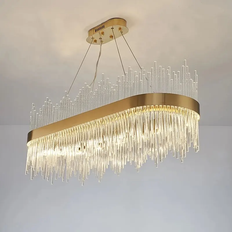 Modern Round Crystal Chandelier for Dining Room Rectangle Design Kitchen Island Lighting Fixtures LED Pendant Lights Glass