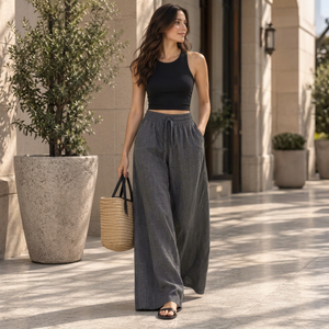 Ensemble deux pièces décontracté d'été pour femme en lin/coton – Débardeur noir et pantalon large gris foncé taille mi-haute - Product Image 1