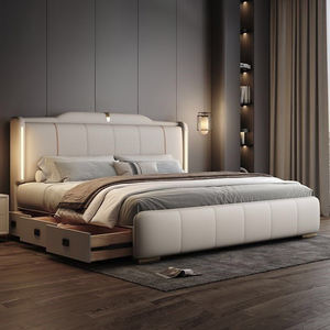 מסגרת מיטה מפוארת ומודרנית בגודל קינג סייז, רכה, מעור, עשויה מעץ מלא, מיטת קווין עם אחסון לריהוט חדר שינה, מיטת מלון עם תאורה - Product Image 2