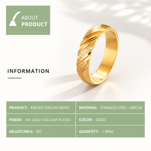 Anillo de Zirconia con Diseño Acanalado, Acero Inoxidable, Chapado en Oro de 14K al Vacío, Anillo Cerrado con Detalle Diagonal - Product Image 2
