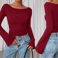 Blusa de Manga Larga con Hombros Descubiertos Estilo Coreano para Mujer, Cintura Fruncida, Manga Acampanada, Ajustada, Informal, Dulce y Elegante, Camiseta Adelgazante