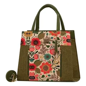 Sac en jute pour femme Emiliana, vert olive, taille moyenne, motif floral, sac promotionnel pour entreprise avec fermeture à glissière et bandoulière - Product Image 1