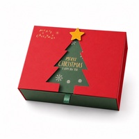 Boîte cadeau pliable personnalisée en carton rouge ivoire découpé sur mesure, motif sapin de Noël, avec fenêtre et dorure à chaud, certifiée FSC, directement de l'usine