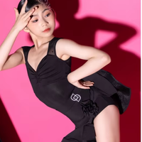 2025 noir jupe latine manches courtes respirant jarretelle salle de bal col en V Tango Salsa danse Costume jupe costume pour enfants