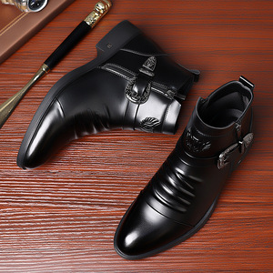 รองเท้าบูทมาร์ตินผู้ชายแฟชั่นฤดูหนาวหนังเชลซีบู๊ทส์ส้นเตี้ยสำนักงานธุรกิจอย่างเป็นทางการซิปด้านข้างสีทึบผู้ใหญ่ - Product Image 3