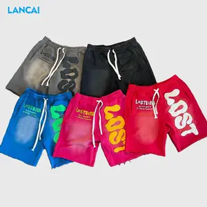 2023 Custom Colorful Puff Printing Logo Washed Cotton French Terry Distressed Vintage Men's acid wash shorts