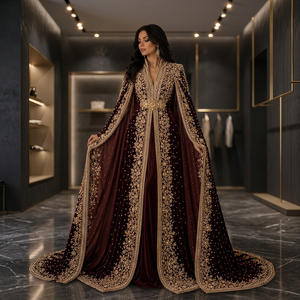 Burgundy Velvet Woven Vintage Eid Embroidered <b>Abaya</b> Long Sleeve Floor Length Flared Hem Solid Wedding Party Women - Product Image 2