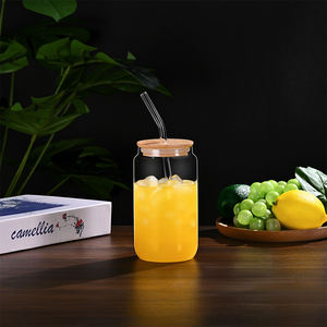 Gobelet à café en verre transparent de forme cylindrique de haute qualité, fabriqué directement par l'usine CnGlass, bouteille à boire pour le lait et le jus avec couvercle en bambou et paille - Product Image 6