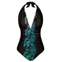 Maillot de bain une pièce pour femme, grande taille, à nouer au cou, imprimé tropical doré, décolleté plongeant en V, effet ventre plat, coupe haute, avec logo frontal, pour piscine et plage