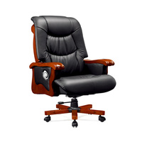 Chaise de bureau de direction noire rembourrée avec accoudoirs en bois massif et base roulante à cinq branches en bois