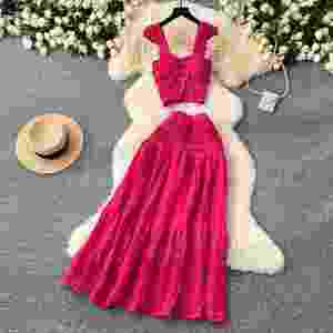 Ensemble décontracté tissé uni pour femme : Crop top et jupe plissée taille haute en polyester/coton – Vente en gros - Product Image 1