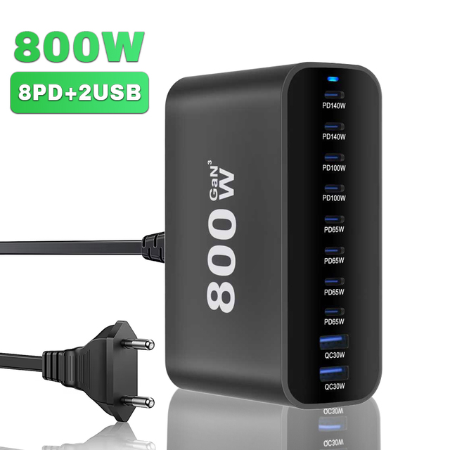 CE/ROHS/UL 800W GaN 695W 730W 765W 10PORTS Charger USB C Fast Desktop 8-port USB Type C PD Charger Fast Charge 3.0 USB Type C