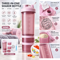 Bouteille shaker protéiné 3 couches 500 ml avec compartiment de rangement pour pilules et poudre, boule mélangeuse, pour fitness et gym, vente en gros