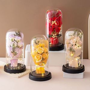 Hot Sale Soap Flowers Acrylic/Glass Cover Led for Valentine's Day Gift <b>Artificial</b> Soap Rose <b>Bouquet</b> in Glass Dome - Product Image 2