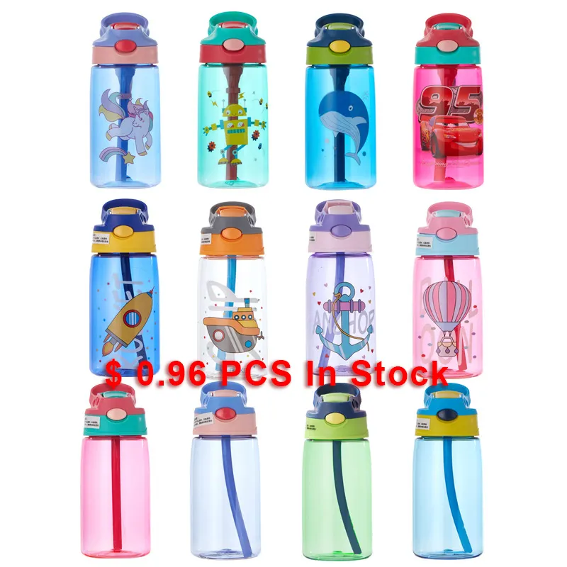 2022 16 oz Plastic Kids Water Bottle School With Straw BPA Free Cute Printing Child Drink 500ml Water Bottle For Kids